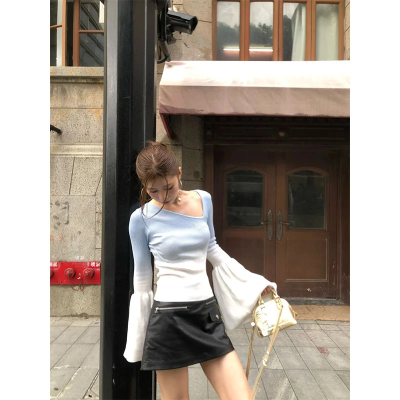 韩系设计感小众洋气露肩白色喇叭袖长袖上衣高腰包臀半身裙套装女