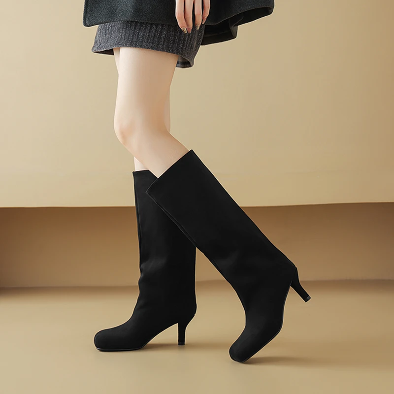 5.5cm复古方头一脚蹬长靴细跟秋冬绒面高跟瘦瘦靴杏色百搭高筒靴