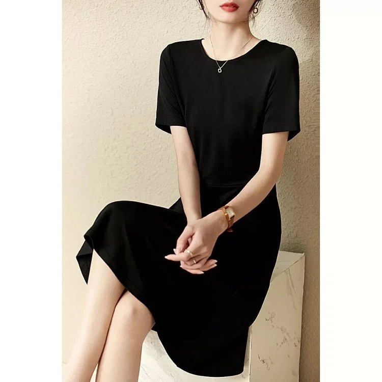 *优雅轻熟薄款连衣裙夏款圆领透气收腰显瘦A字裙M1106