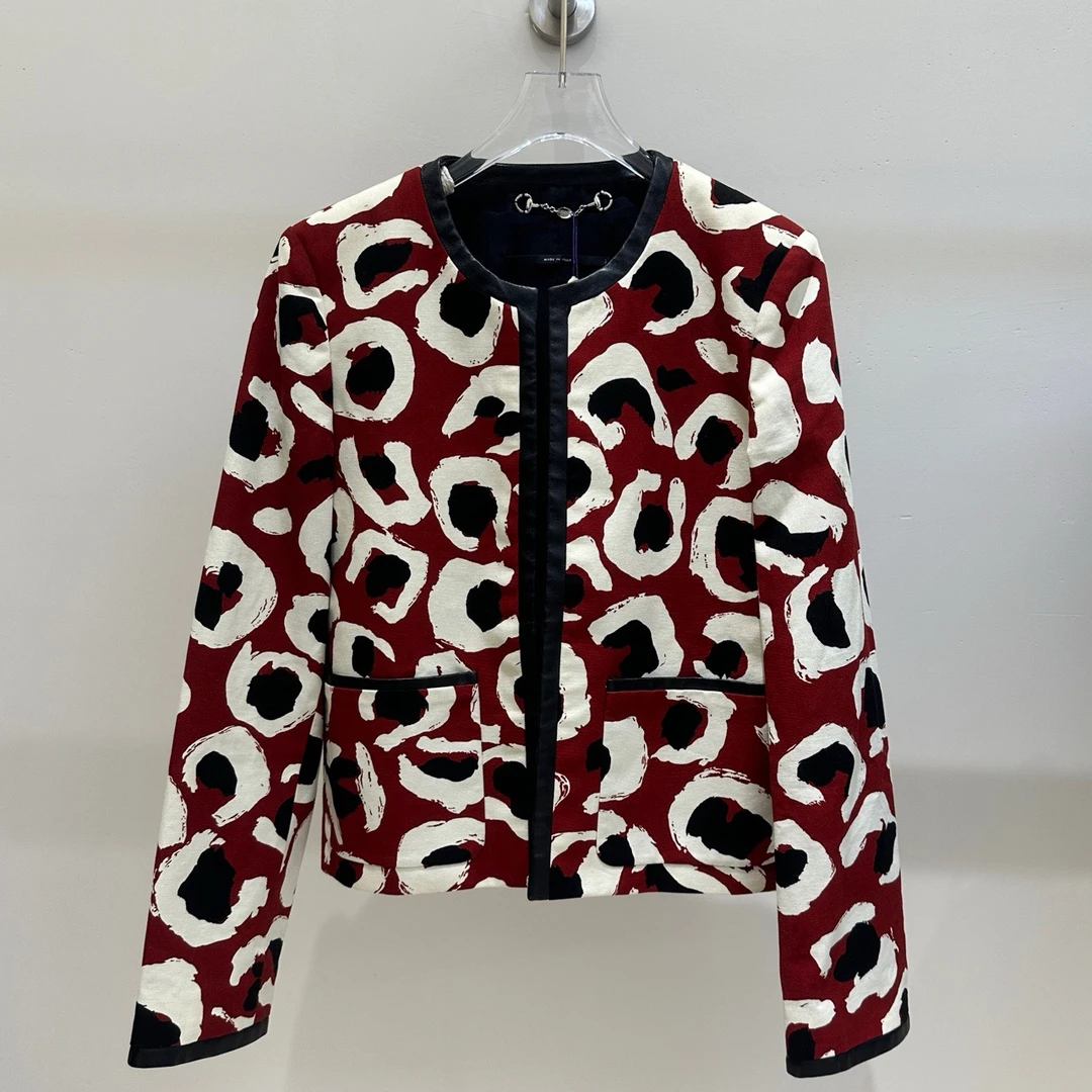 99新 GUCCI/古驰 GU03257 丝绸印花拼皮短外套开衫38码 原价12800