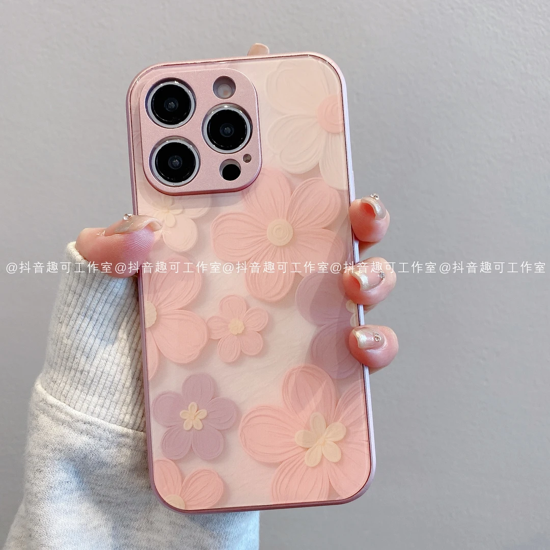 （苹果）金属漆玻璃适用iphone16pro15/14/13/12/11粉紫花朵手机壳