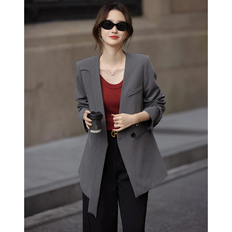 dme德·玛纳静奢通勤春季时髦无领不对称翻边西装简约短西服女外套