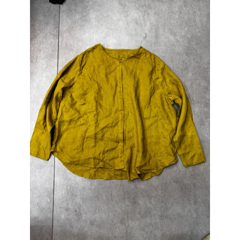 （姜黄色）诺曼底汉麻百搭显瘦袖口风琴褶工艺衬衫女XHH 0157