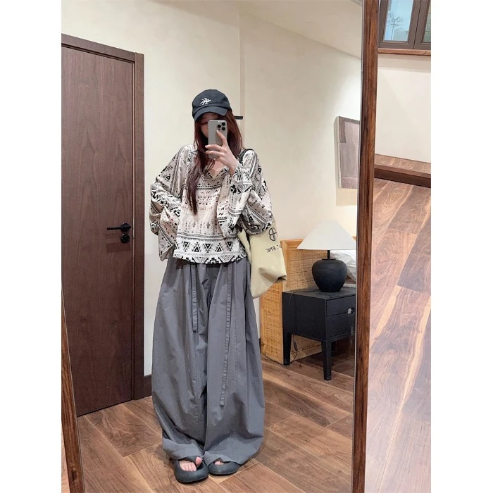 复古腰果花防晒长袖衬衫上衣高腰阔腿休闲裤女2025早秋新款两件套