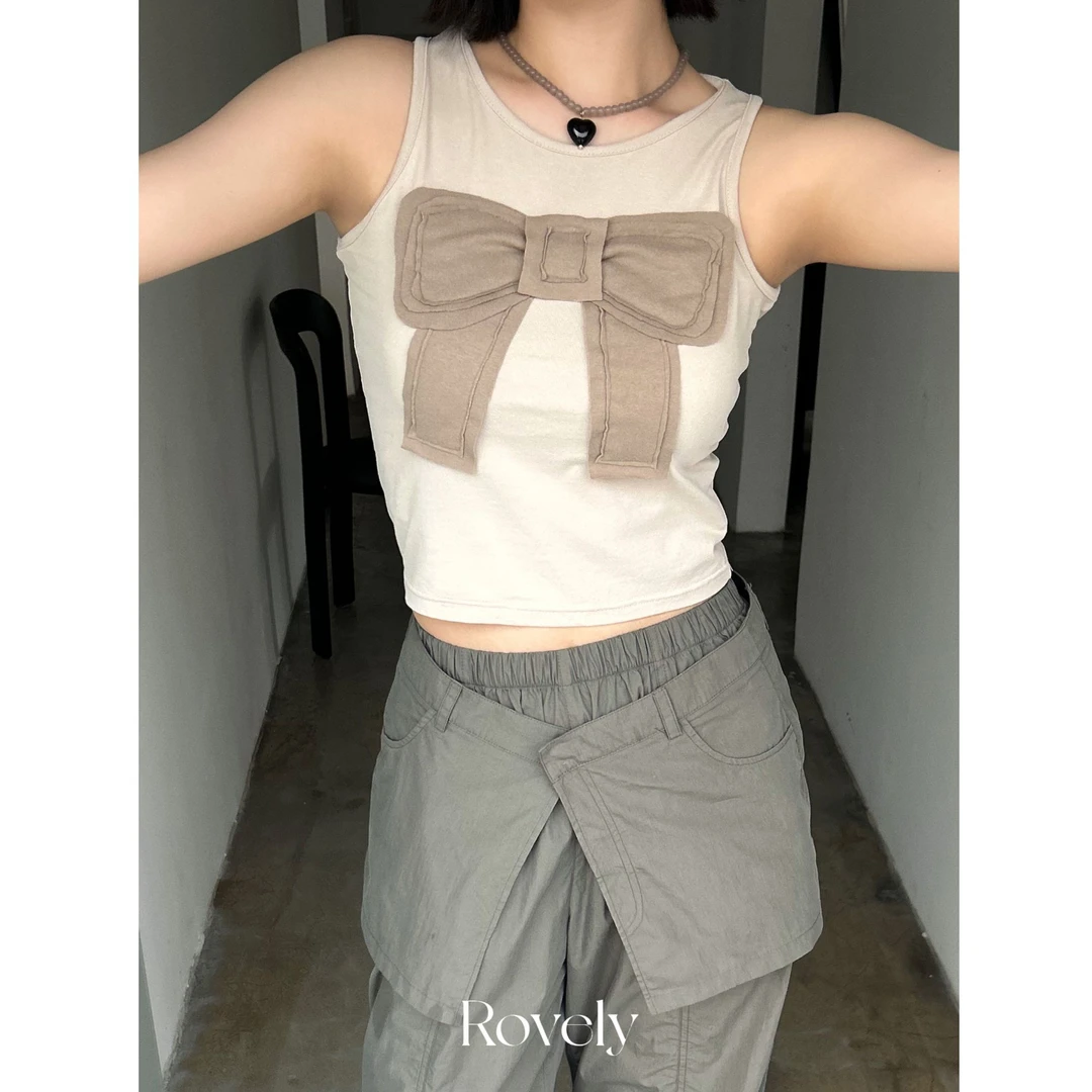 Rovely【暖咖蝴蝶结背心】东大门定制蝴蝶结绣布拼色背心吊带