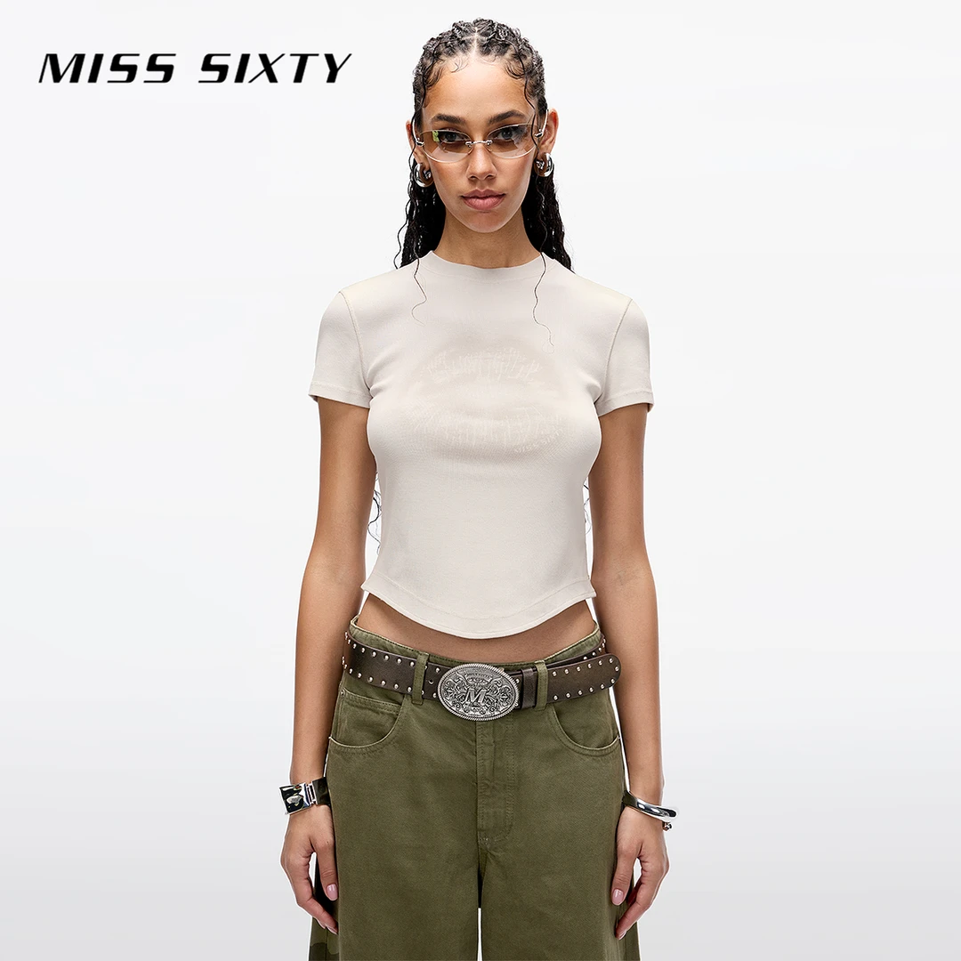 Miss Sixty2025春新款T恤女圆领唇印弧形下摆修身短袖上衣流光风