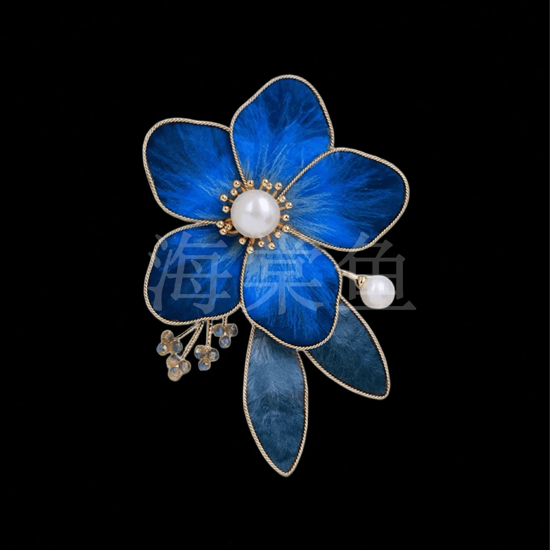 铜合金布艺胸针 古典气质百搭绒花蓝莲花胸针6442