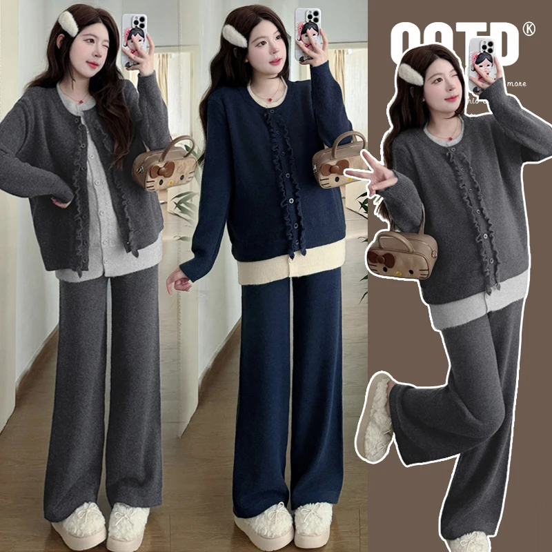 【安安】孕妇装秋冬季显瘦拼色外套上衣+阔腿裤休闲秋冬装两件套装