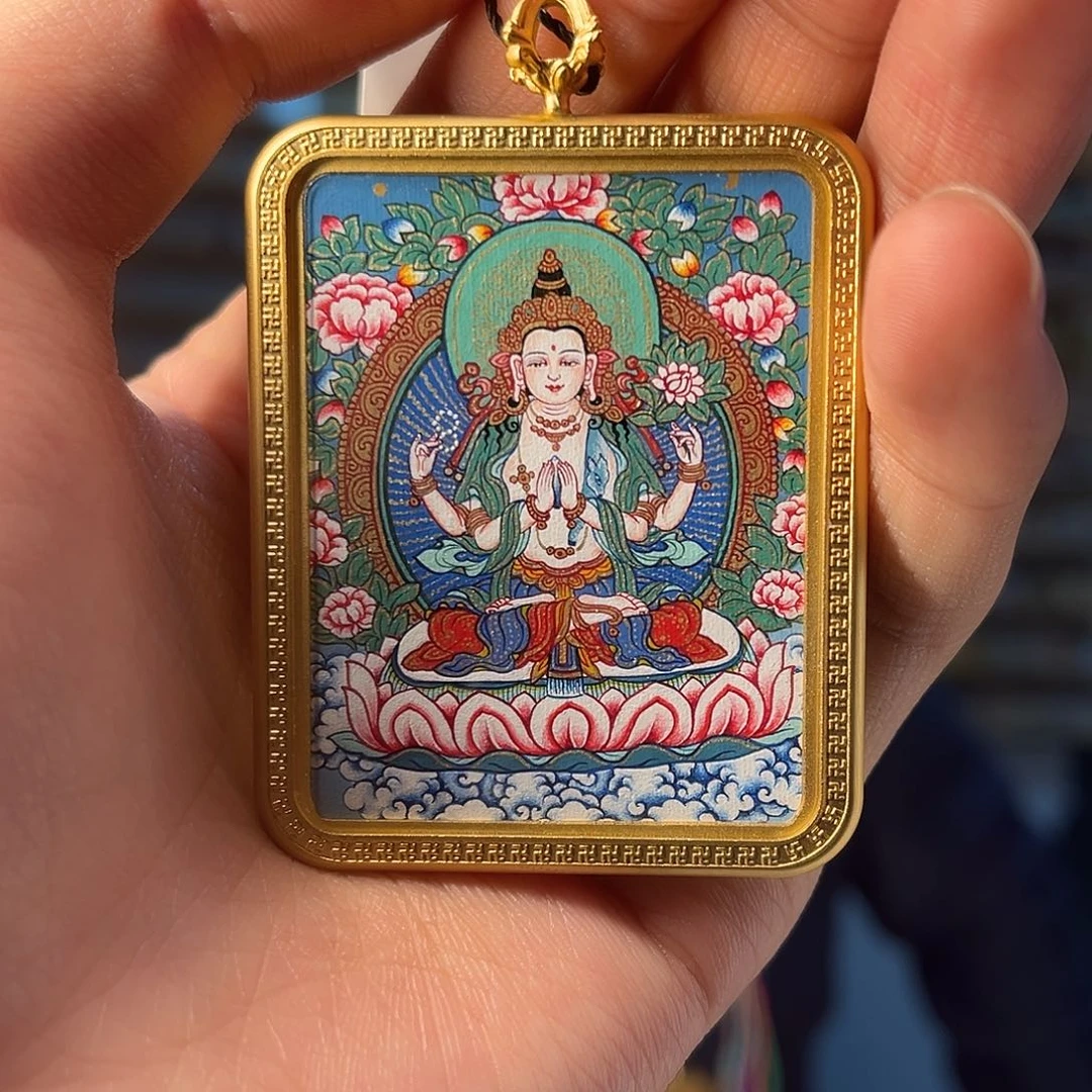 吊坠【西藏】精品小卡四臂观观多杰措姆绘制