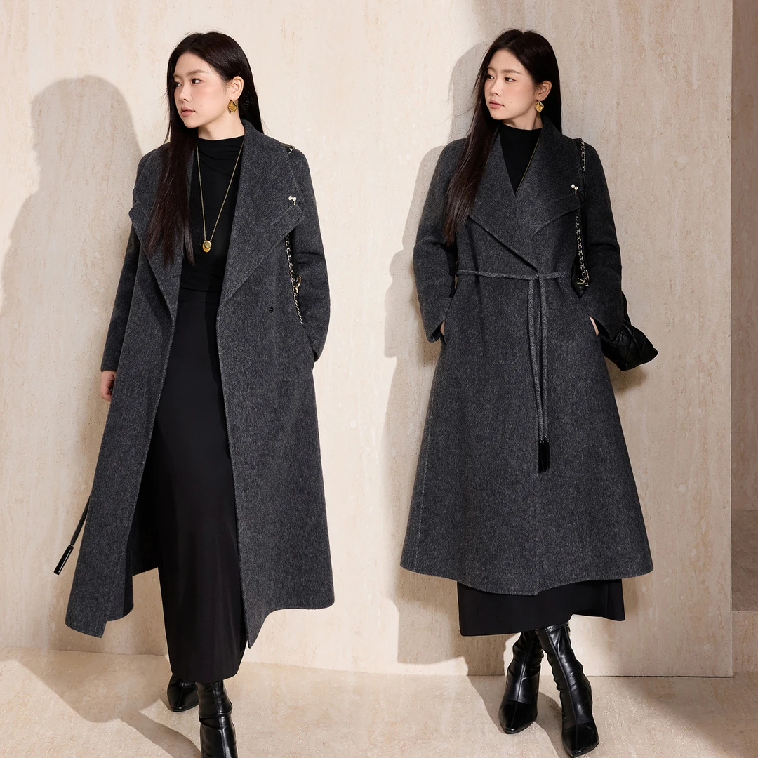 蓝语大码女装绒长款双面呢大衣2025冬装澳毛宽松系带外套秋冬服装