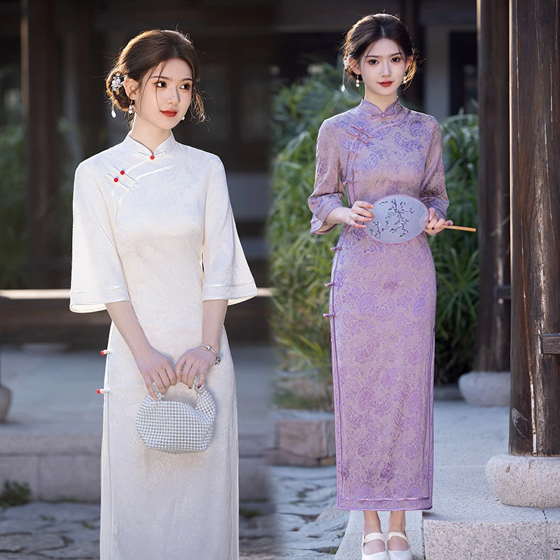 白色倒大袖江南国风新中式气质优雅长款改良旗袍2025新款女春夏季