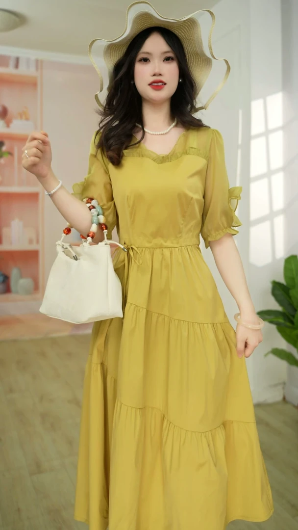 气质连衣裙夏季女装高腰显瘦泡泡袖裙子纯色不规则领型显瘦【0063】