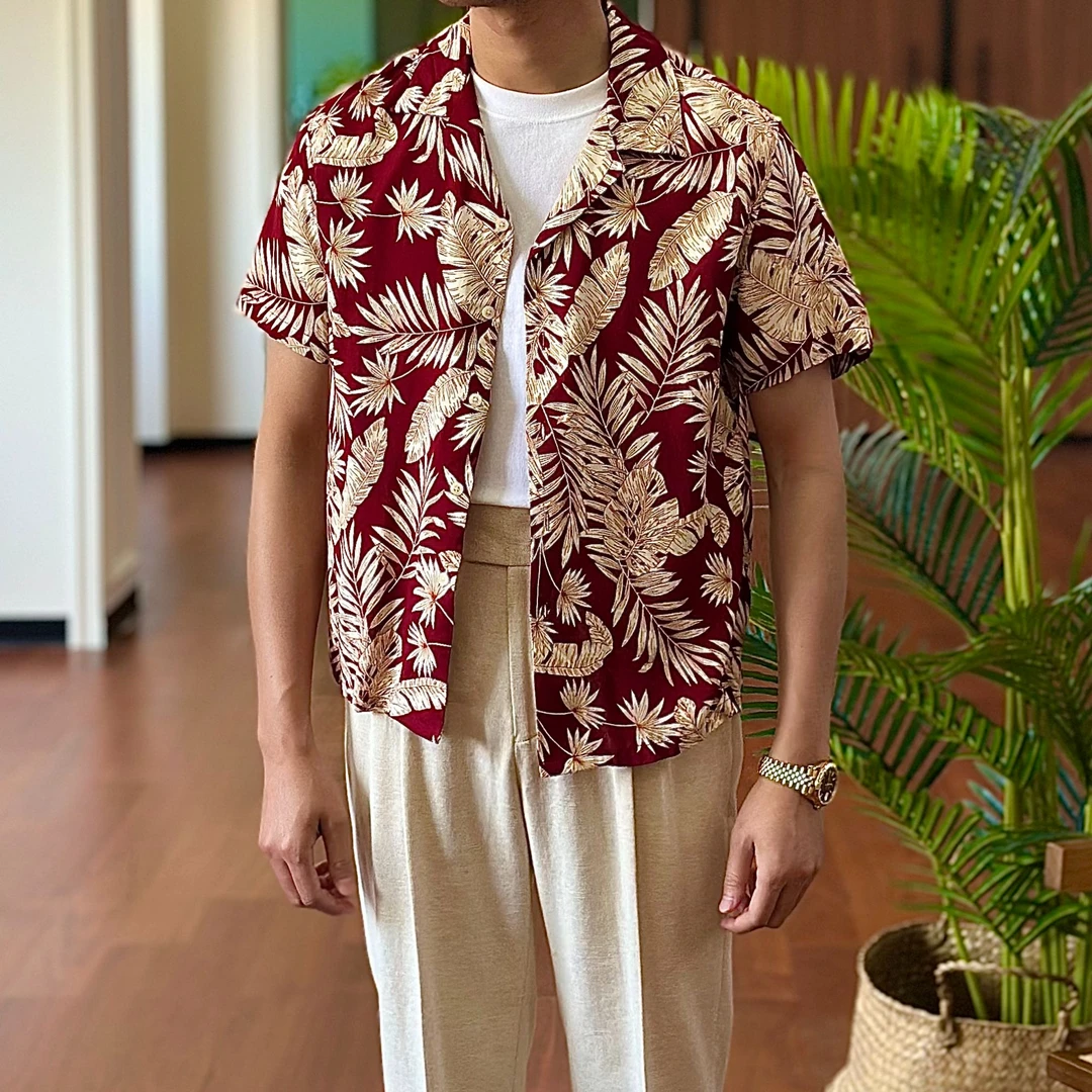 常规夏季纯棉欧美简约男士短袖衬衫古巴领个性印花潮流