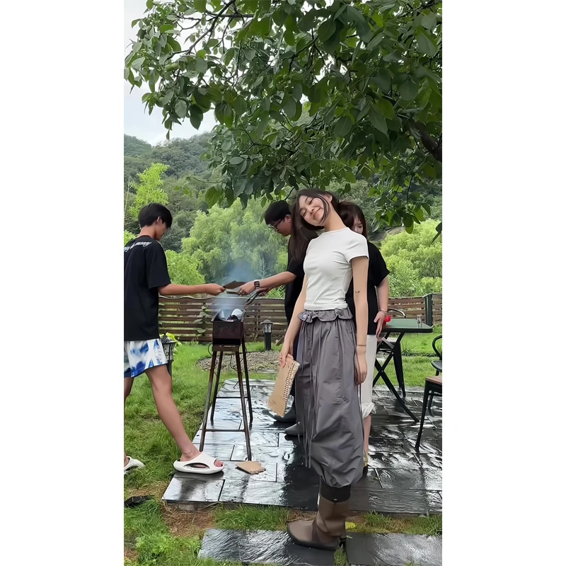 白色圆领正肩短袖t恤百搭上衣打底美式休闲裤阔腿裤垂坠感长裤子