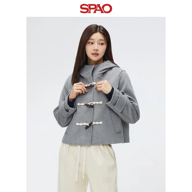 【商场同款新品】SPAO韩国同款2025年春季新品女气质牛角扣毛呢外套