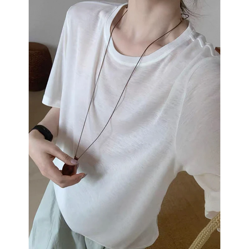 夏季轻薄面膜T恤女宽松基础款打底凉感半袖体恤上衣圆领纯色短袖