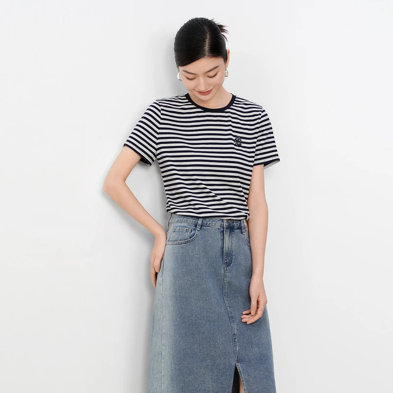 dunnu敦奴2025夏季新款短袖圆领撞色条纹上衣显瘦T恤女