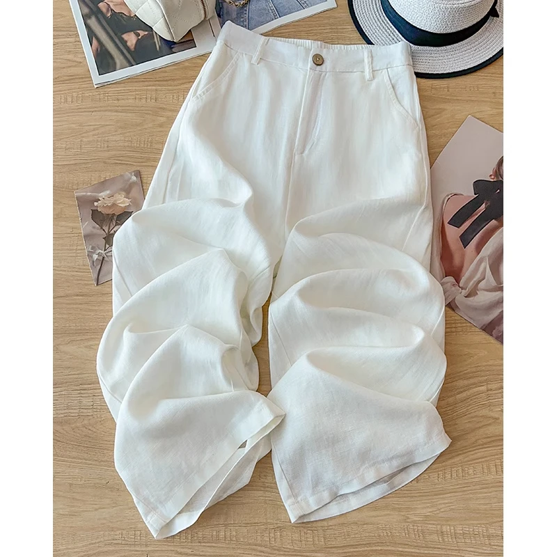 拉夏贝尔白色舒适阔腿裤女2025夏季薄款小个子高腰显瘦九分直筒裤