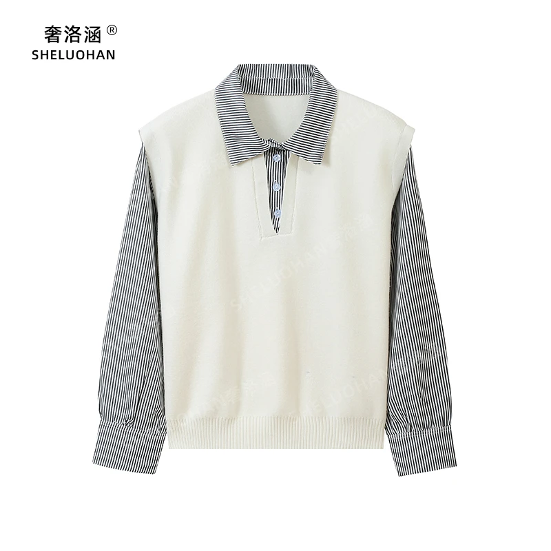 加厚衬衫领假两件拼接条纹针织衫女秋冬新款安迪绒宽松保暖毛衣
