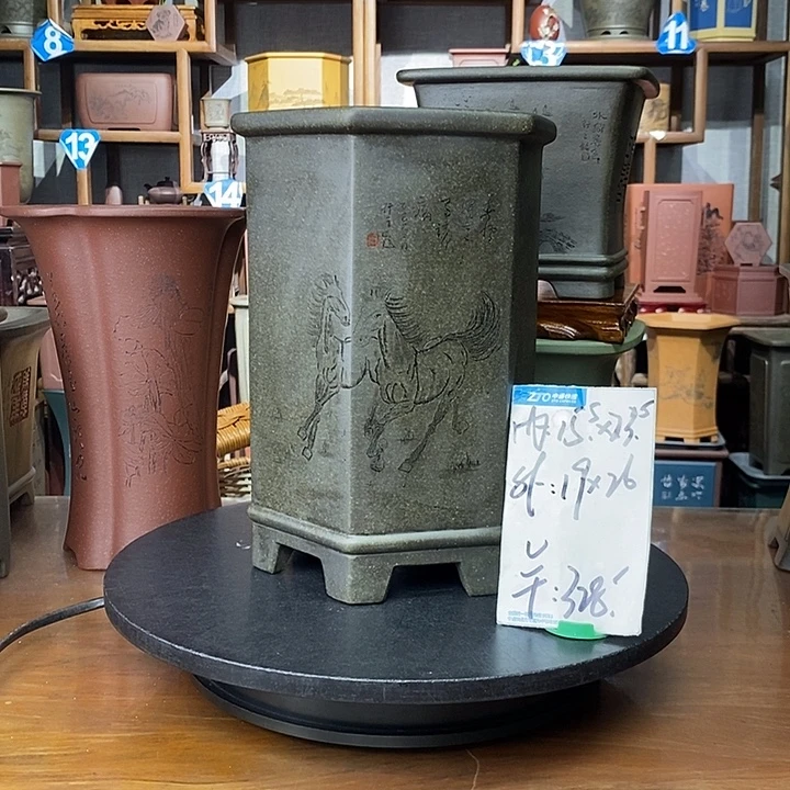 紫砂花盆天青泥六方骏马图