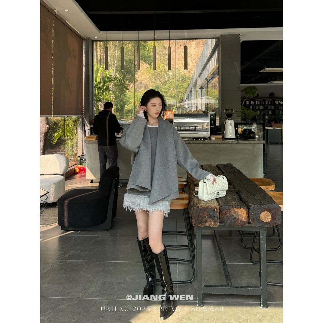 UKILAU【岁岁安澜】灰色毛呢短裙拼接毛毛高腰显瘦A字半身裙
