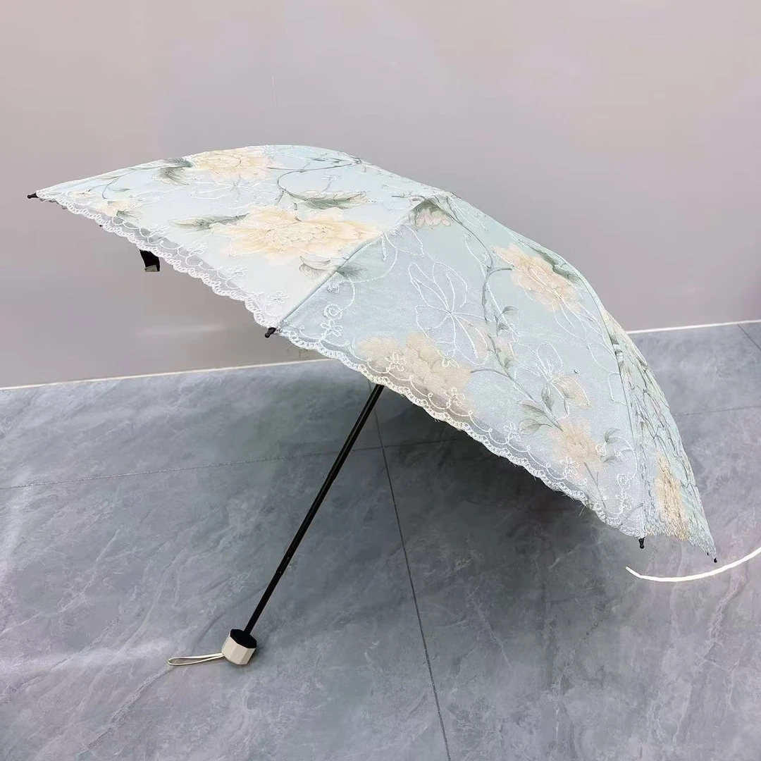 双层绣花伞黑胶防晒防雨防紫外线8骨三折伞