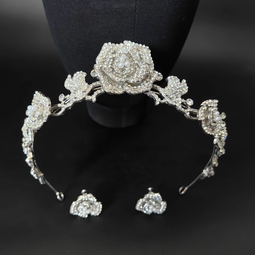 合金仿水晶婚庆饰品 喜看优选00988新娘皇冠玫瑰简约头饰套装