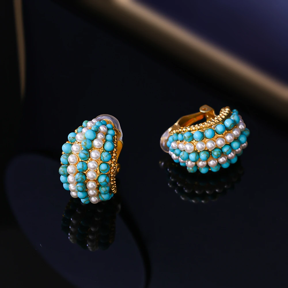 合金仿珍珠耳饰 法式优雅满镶蓝白色耳夹简约时尚女轻奢气质22698