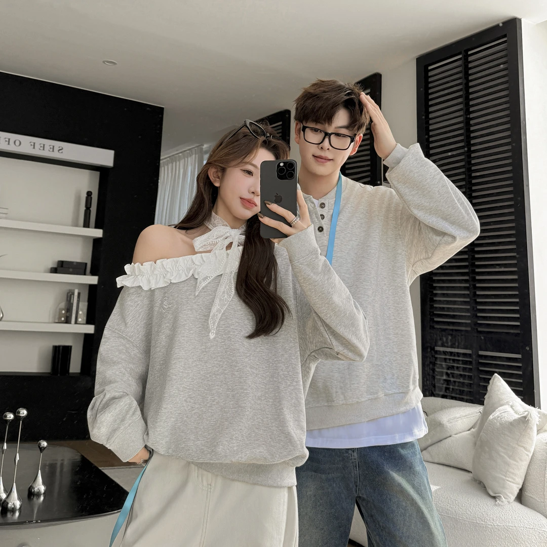 2025新款蕾丝花边一字肩宽松小众美式显瘦长袖情侣百搭灰色女卫衣