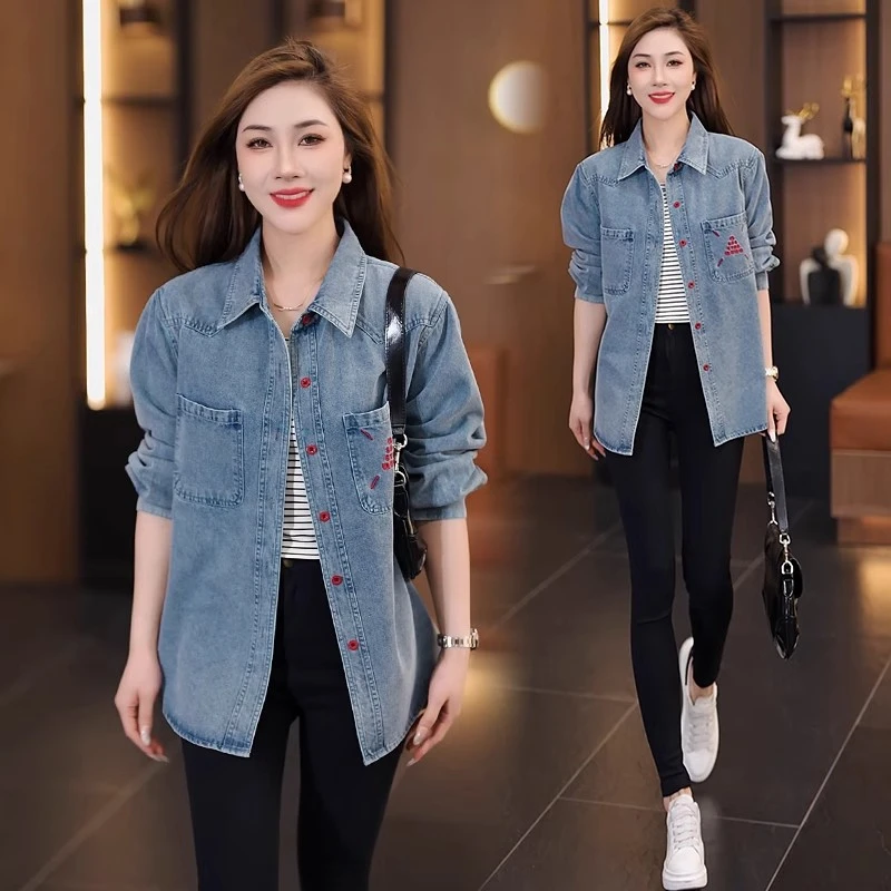 复古蓝色牛仔衬衫女士2025春季新款韩版衬衣刺绣叠穿打底外套上衣