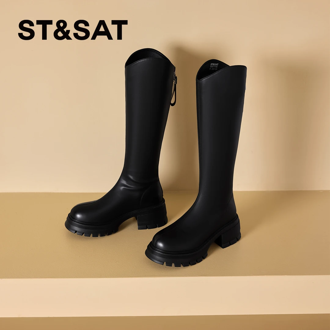 星期六【‌锦程风靴】时尚潮流百搭合成革骑士过膝冬款厚长筒女神靴