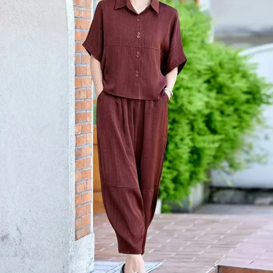 9225-夏季气质新款复古简约百搭显瘦减龄树纹妈妈装套装