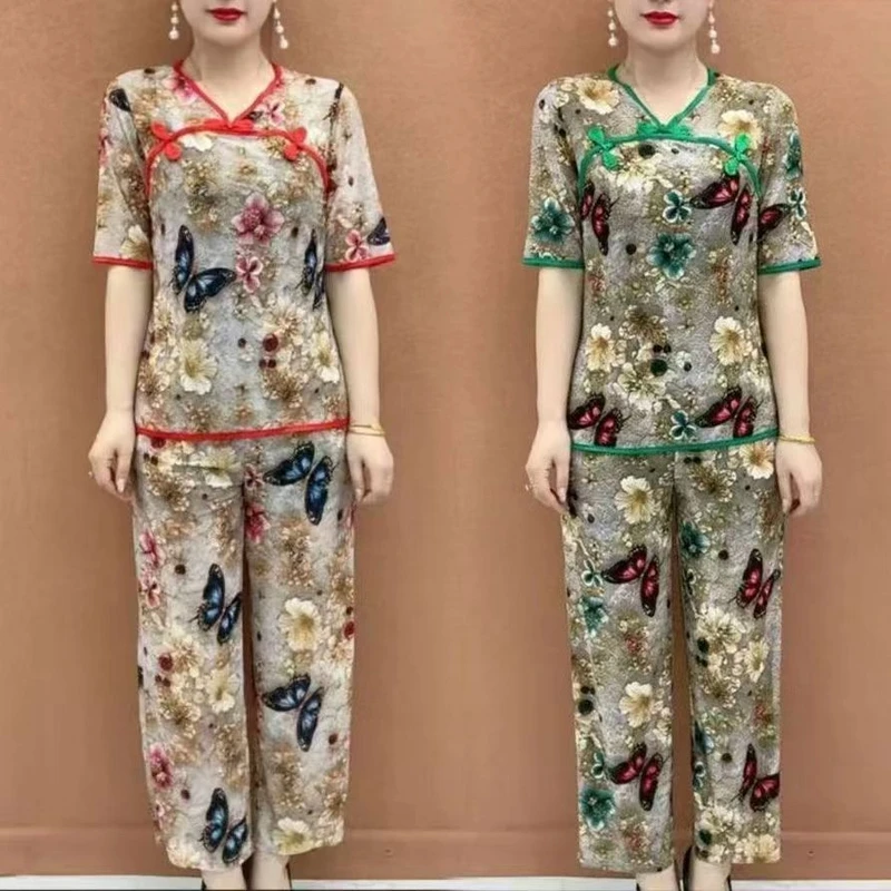 夏季新款时尚洋气妈妈装短袖V领盘扣套装宽松显瘦上衣+裤子两件套