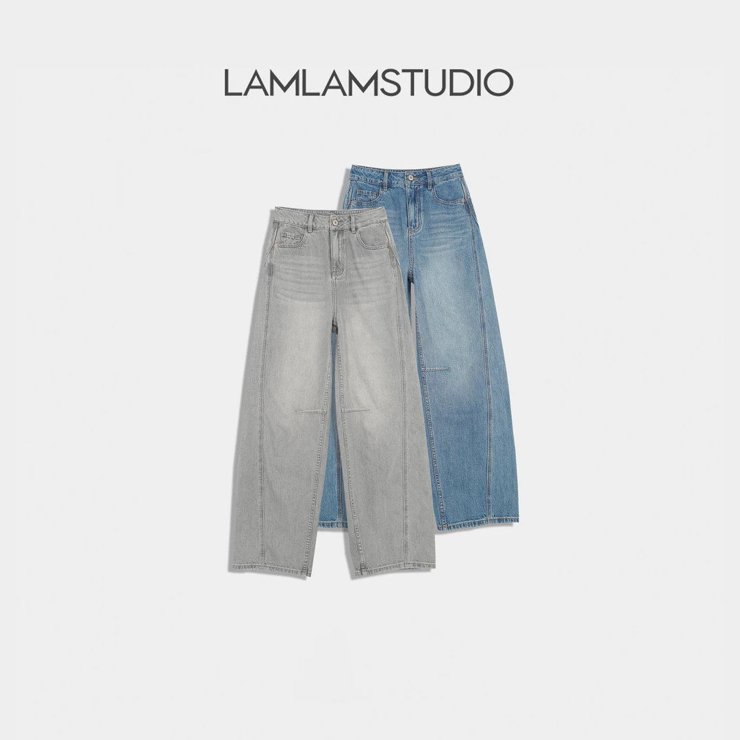 “弯刀裤”做旧洗水工艺高支棉混纺弹力老钱风牛仔裤 张一琳 G130K