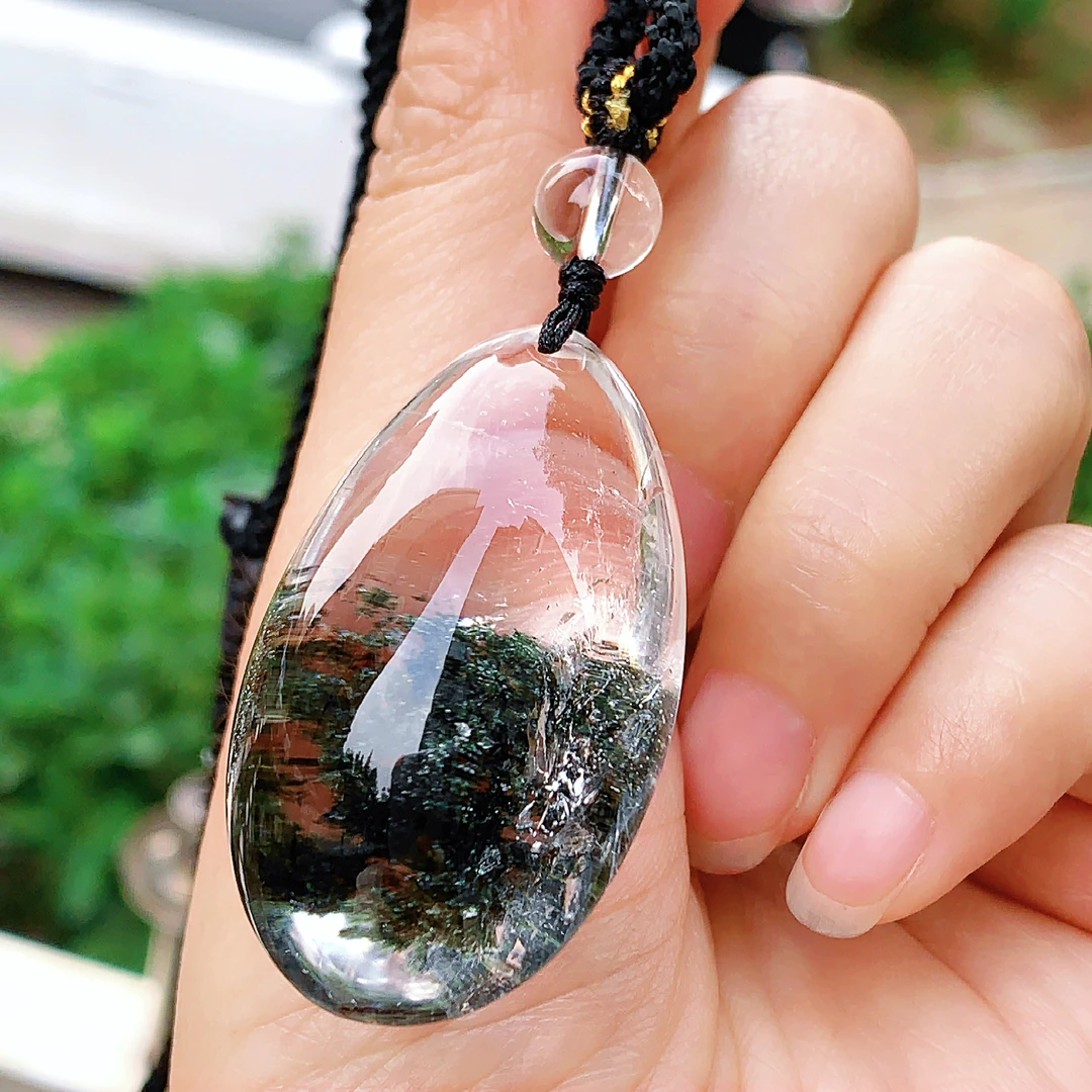 东海水晶天然绿幽灵水晶吊坠毛衣链平安通透水滴项坠男女款聚宝盆