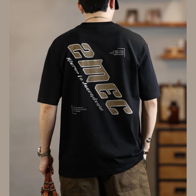 美式重磅圆领短袖t恤男士潮牌字母印花半袖体恤夏季宽松休闲上衣