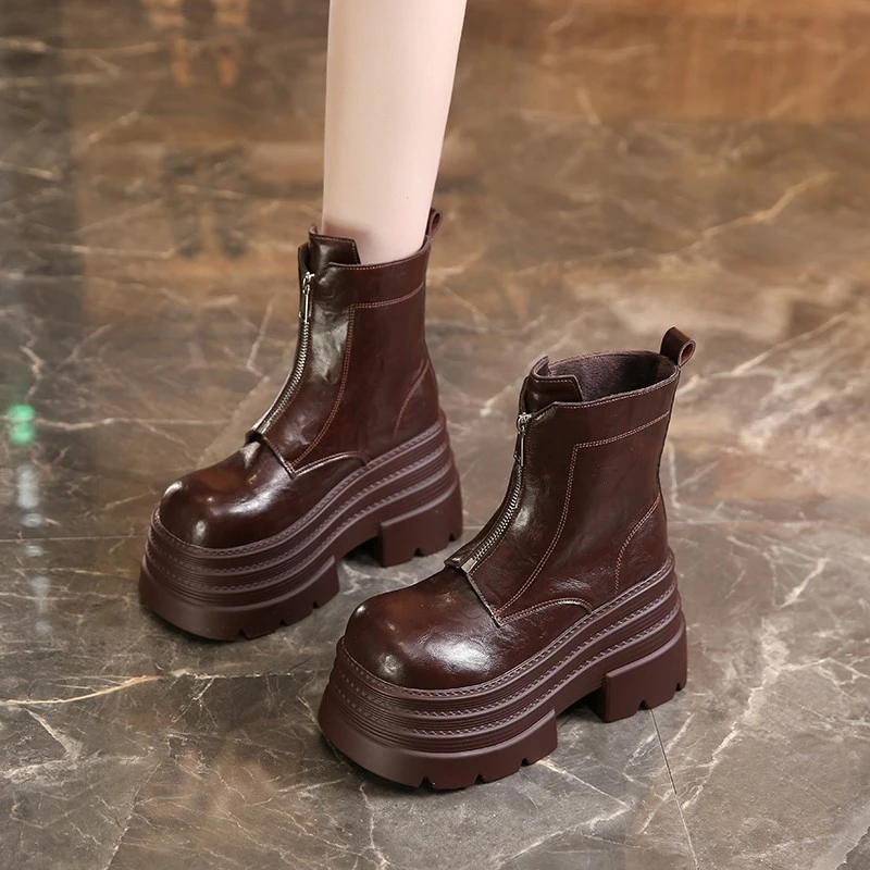 增高10cm马丁靴女松糕厚底品质前拉链鬼帝靴棕色复古美拉德短靴子