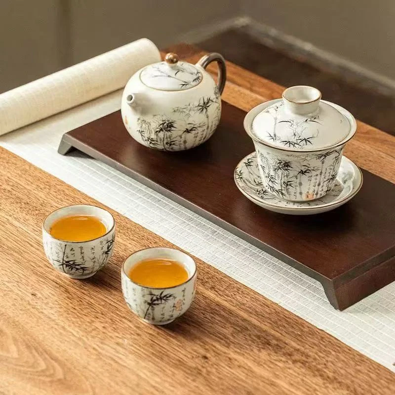 「云栖茶具」墨竹三才盖碗+西施壶+主人杯+茶盘ZH1589