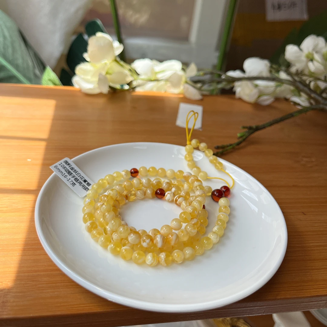 【珠宝厂长】约6mm16g俄料金妖白花蜜蜡108项链手链两用款