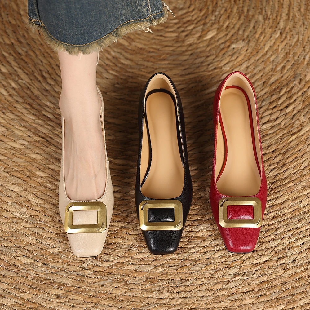 羊皮4.5CM粗跟气质小方扣百搭单鞋春秋新款浅口通勤时尚真皮女鞋