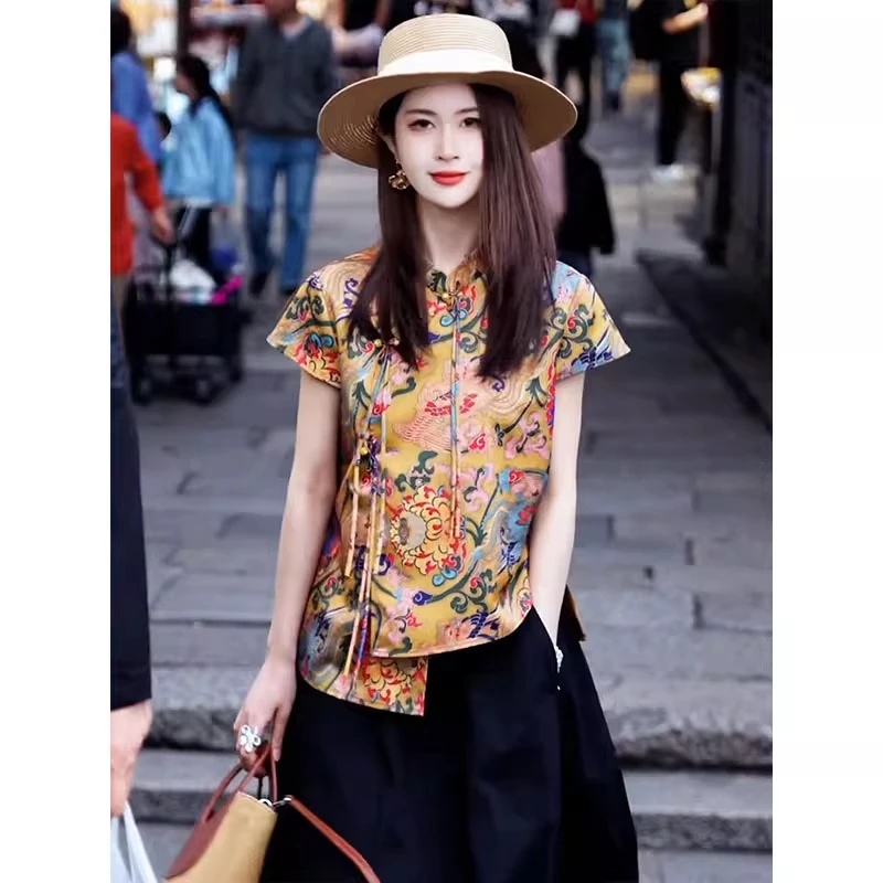 新中式国风女装2025新款小衫设计感小众短袖印花衬衫盘扣立领上衣