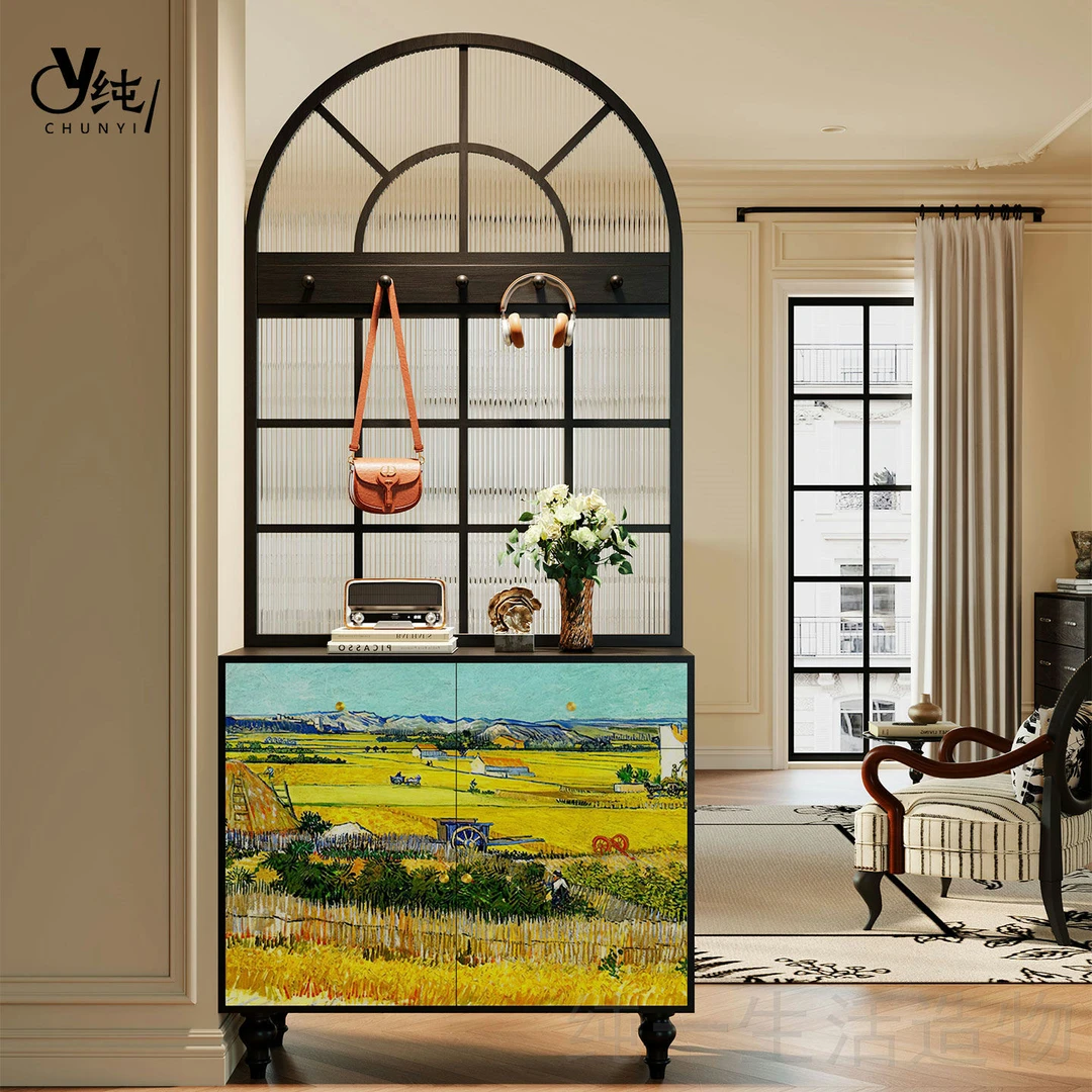 梵高艺术屏风隔断客厅2025新款长虹玻璃玄关柜法式实木鞋柜储物柜