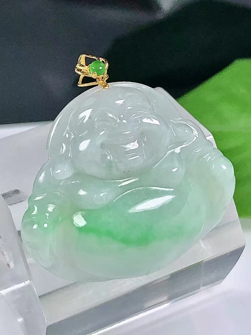 缅甸天然翡翠A货18K金扣镶嵌冰润飘阳绿佛公吊坠挂件冰绿精美正品