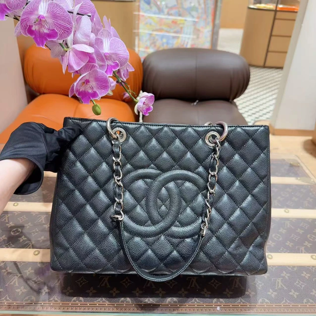 99新 Chanel/香奈儿 GST黑银中号荔枝皮单肩包15开