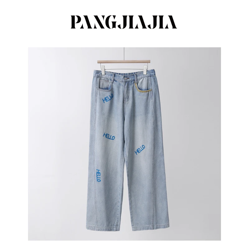 【胖佳佳】HELLO裤 字母绣花牛仔裤春季时尚长裤H625Z01505