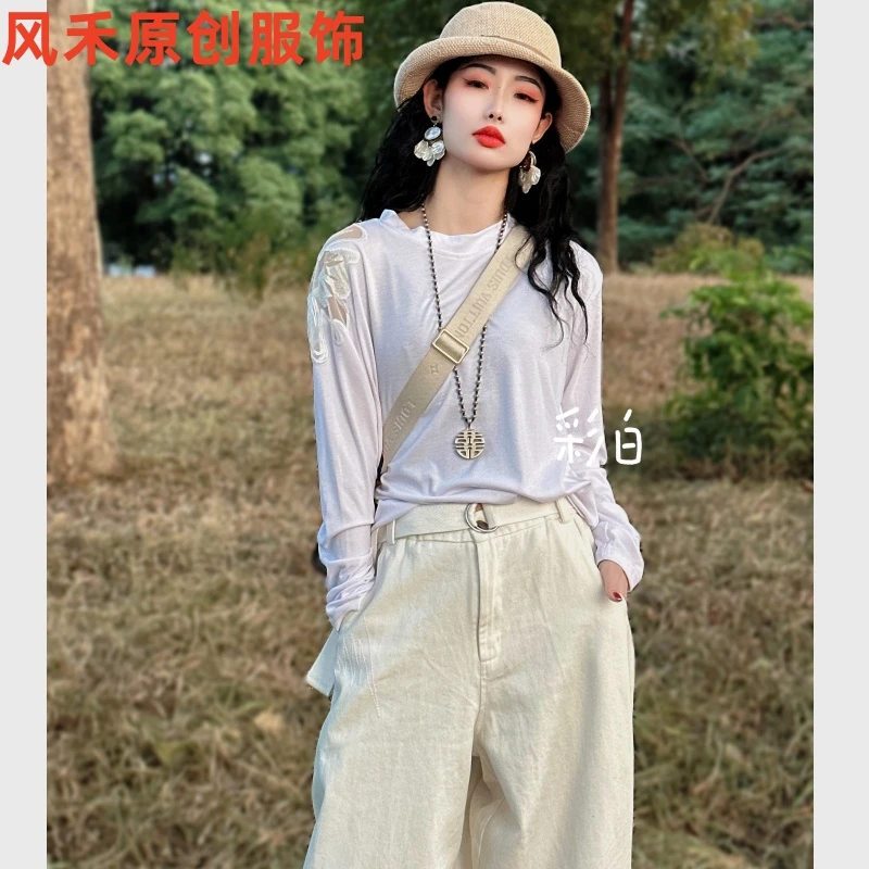 风禾原创【005】早春新款时尚洋气百搭显瘦圆领纯色刺绣镂空打底衫