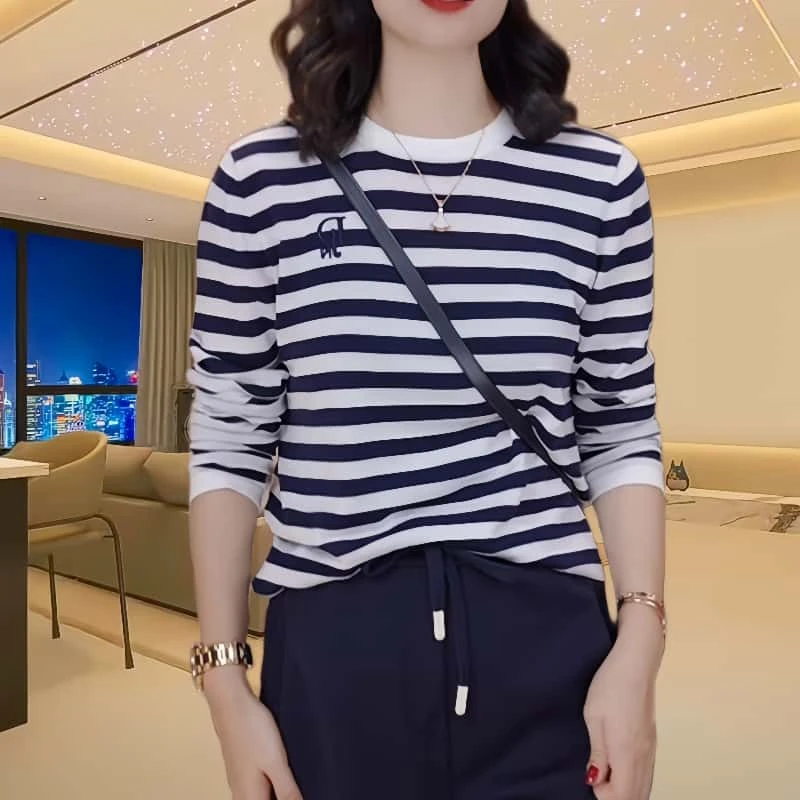 宽松圆领长袖条纹上衣女2025春季新款时尚休闲百搭打底衫