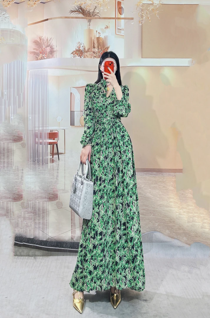 ZJ新款时尚气质印花裙收腰显瘦碎花长袖连衣裙女