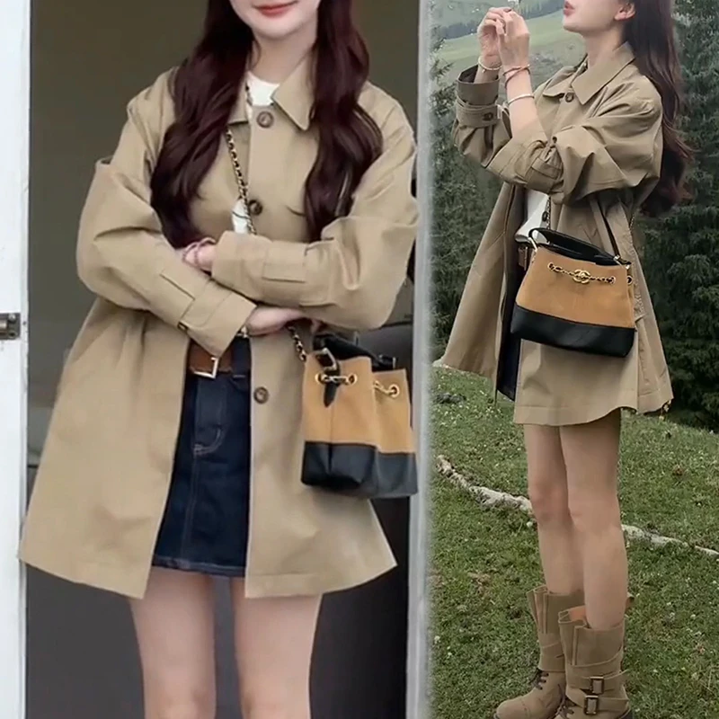 韩版通勤时尚中长款宽松风衣外套女2025春秋新款休闲百搭时髦大衣
