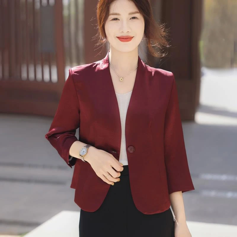 夏季新款真丝小西装外套女短款领七分袖高级感通勤职业装上衣